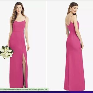 Dessy After Six bridesmaids dress in tea rose. Spaghetti Strap crepe gown
